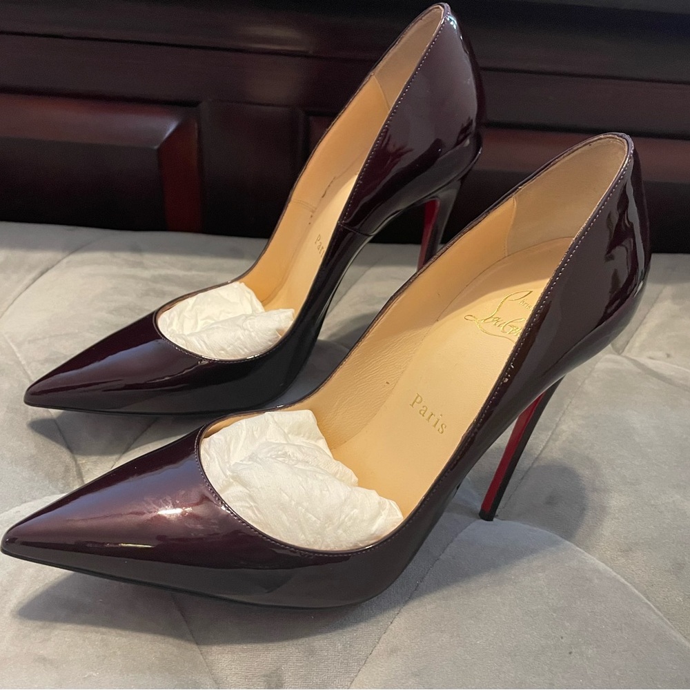 Louboutin So Kate 120 Patent Leather. Color is deep wine/burgundy. Size 38.